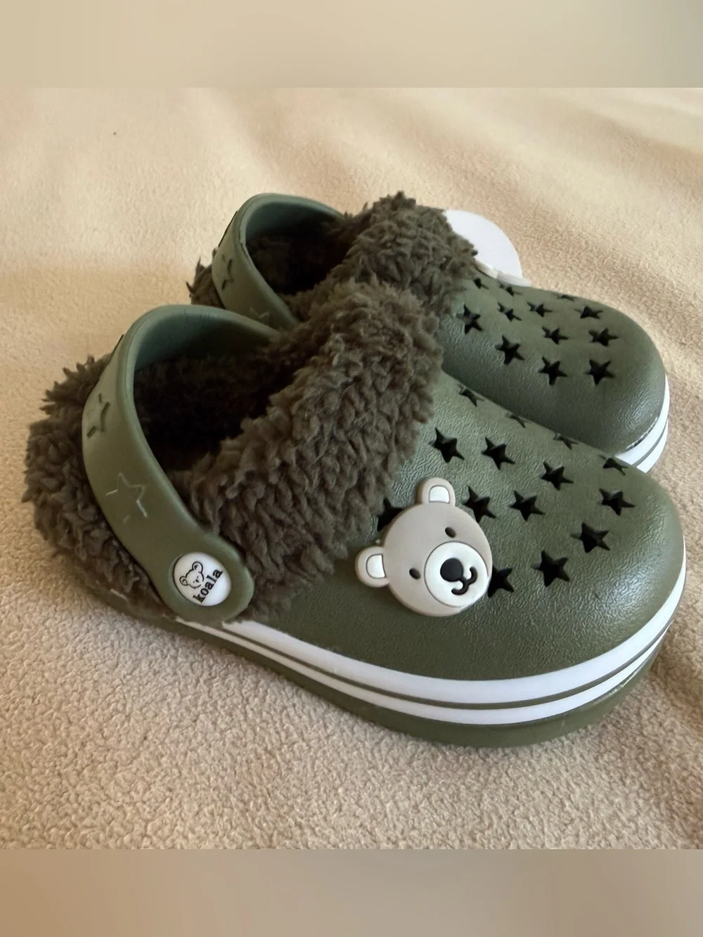 Koala baby Fleece Lined Clogs Green Star Vent Bear Charm Shoes Toddler SIZE 5